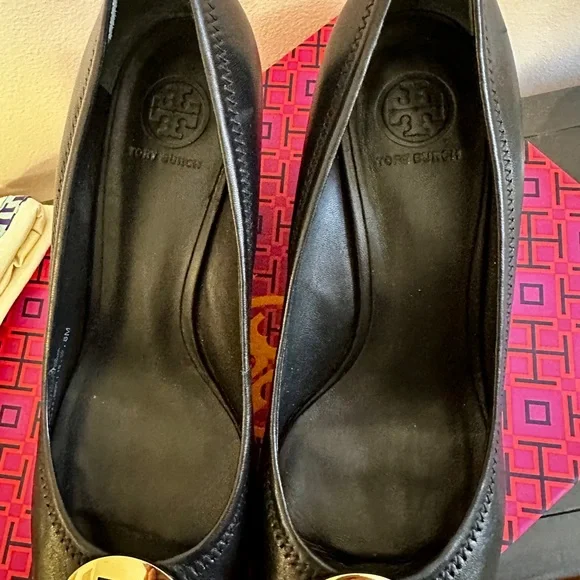 Like New! Tory Burch Sally Black Wedge with Gold Emblem - Picture 3 of 10